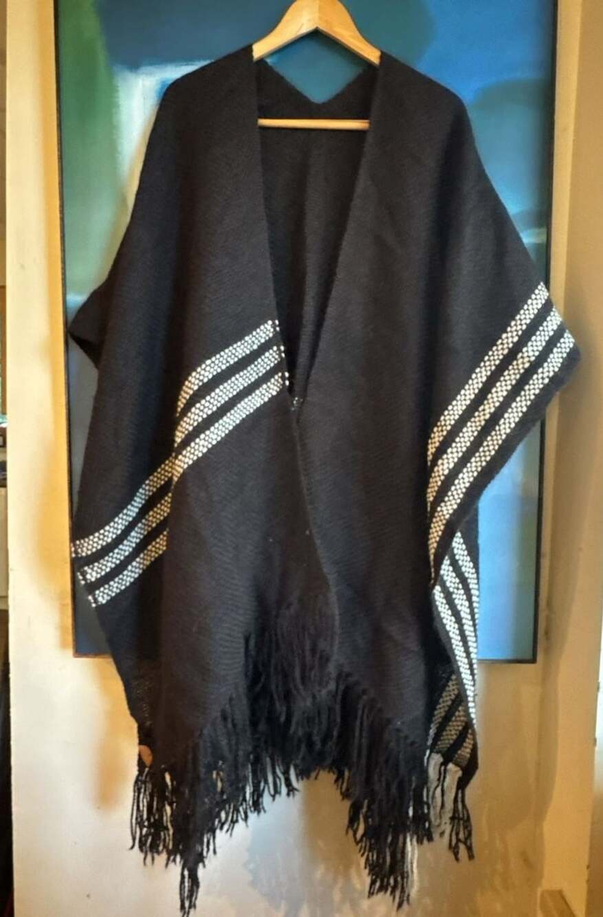 South Folk Alpaca Wool Poncho One Size Black Striped Handwoven Cape